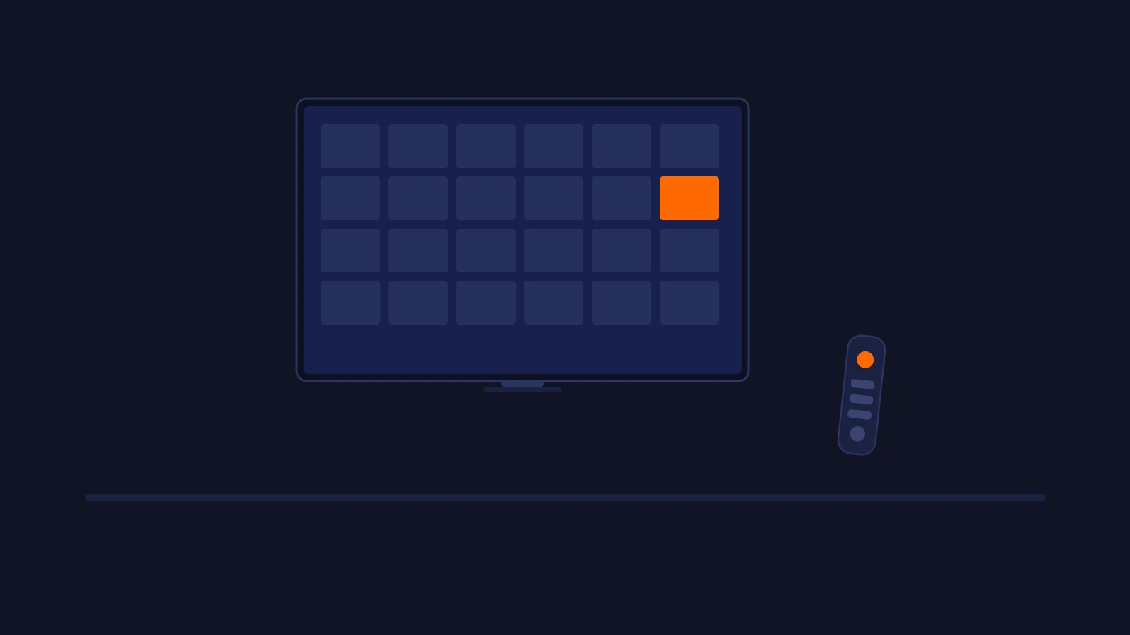 Abstrakte Illustration eines großen Smart-TV-Bildschirms mit Kanalraster und Fernbedienung