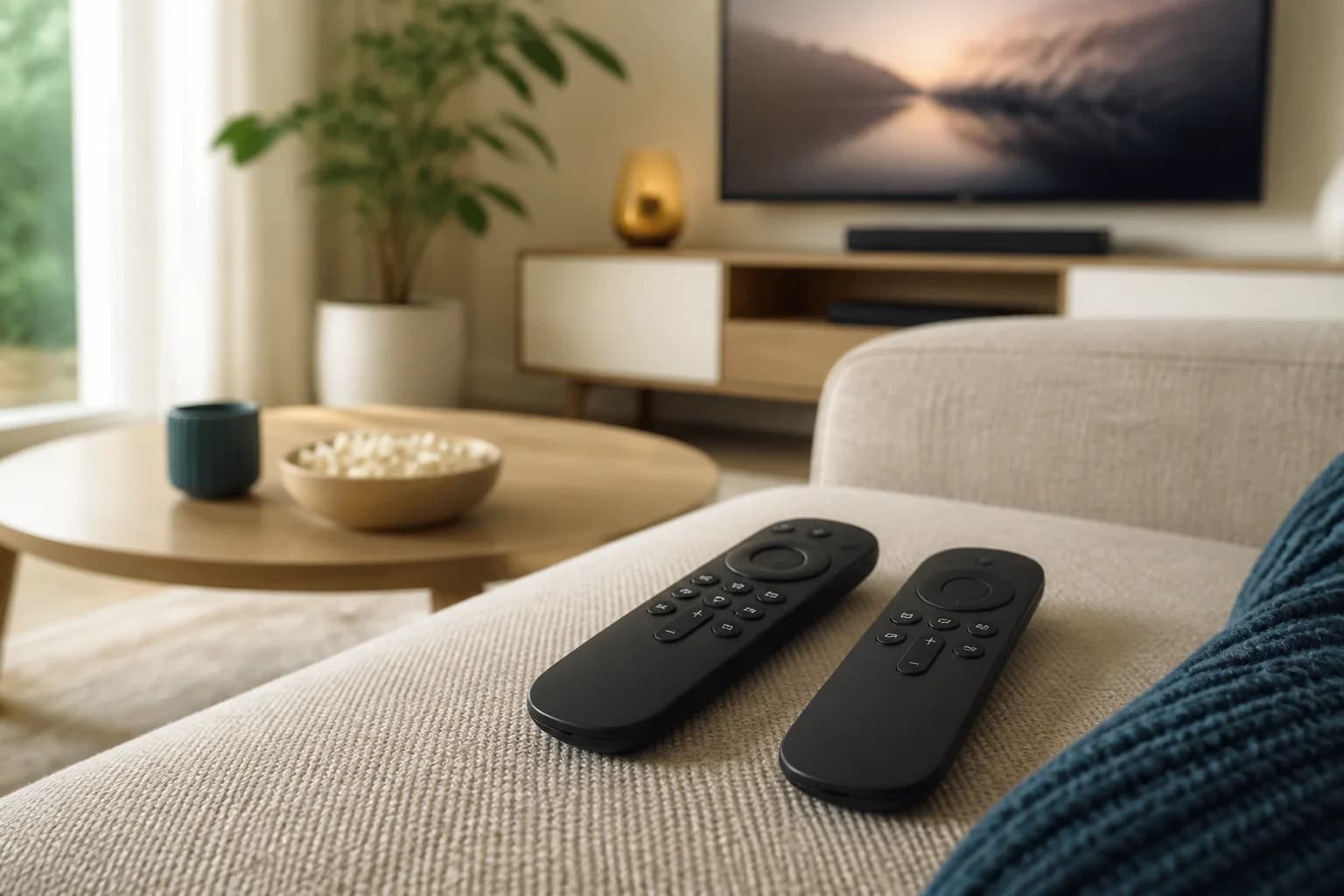 Zwei generische Streaming-Fernbedienungen in einem hellen Wohnzimmer